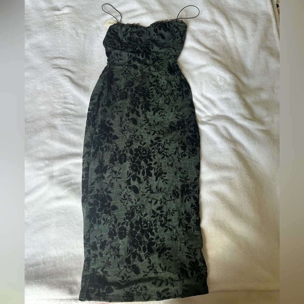 Windsor Strapless Black and Green Floral Dress